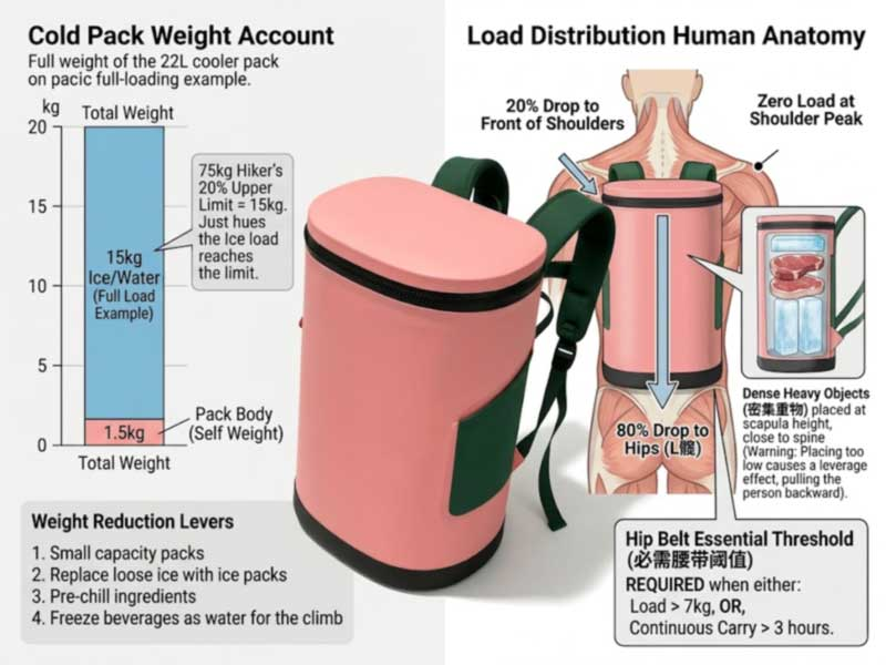 cooler backpack weight math against hiking load limits and 80/20 hip-to-shoulder load distribution