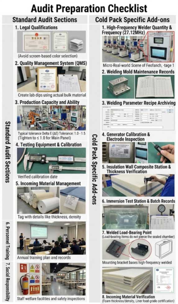 seven-section factory audit framework with cooler-specific additions for welded insulated bag production